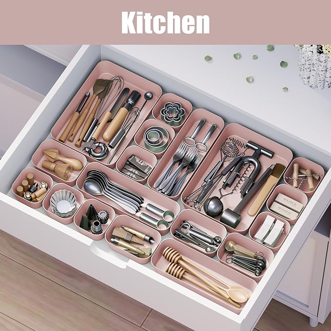 Homhut Plastic Drawer Organizers, 18 PCS Bathroom Drawer Organizer Bins, Desk and Vanity Organizer Plastic Tray, Makeup organizer and storage for Bedroom, Kitchen Gadgets Utensils and Office (Pink)