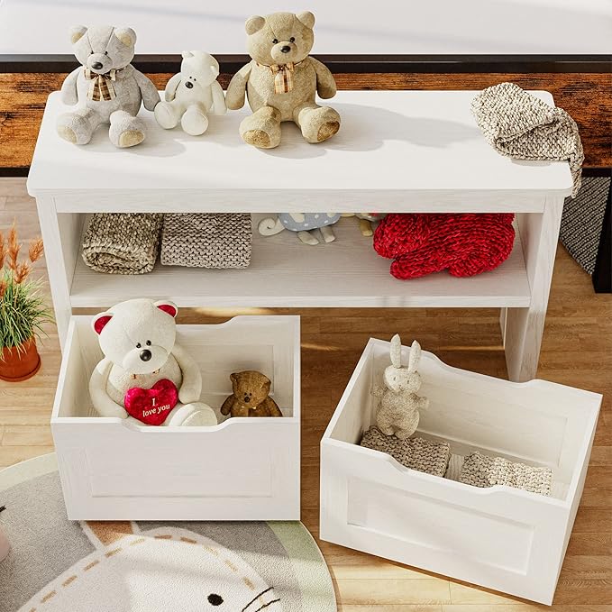 IRONCK Toy Storage Organizer with Drawers, Floor Toy Box with Wheels and Open Shelf, Storage Chest for Nursery, Playroom and Bedroom, White