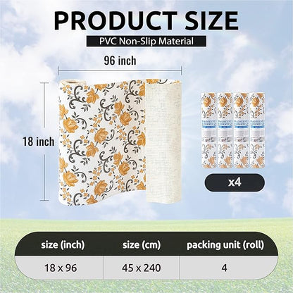 FIFTY FEET 18X96 Inch Shelf Liner for Kitchen Cabinets, PVC Drawer Liner for Dresser Non-Slip Bathroom, Non-Adhesive Cabinet Liner Washable (Yellow Floral)(4 Roll)