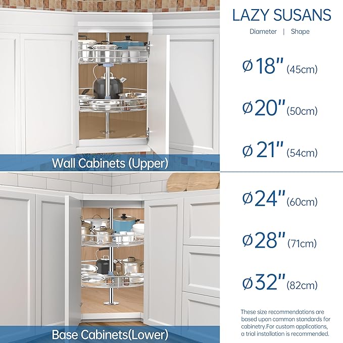 21 1/4" Chrome Corner Cabinet Lazy Susan, Full Circle Corner Cabinet Lazy Susan Replacement Shelves Rotating Rack for Upper Cabinet Kitchen, Fits Cabinets Over 23"