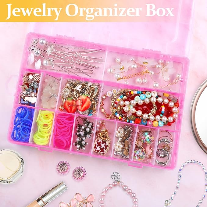 2 Pack 24 Grids Pink Plastic Organizer Box, Storage Container with Adjustable Divider, Craft Organizers and Storage Bead Storage Organizer Box for DIY Jewelry Tackles with 2 Sheets Label Stickers