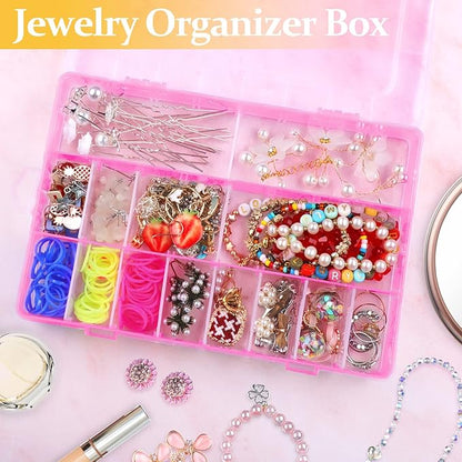 2 Pack 24 Grids Pink Plastic Organizer Box, Storage Container with Adjustable Divider, Craft Organizers and Storage Bead Storage Organizer Box for DIY Jewelry Tackles with 2 Sheets Label Stickers