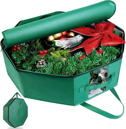 Wreath Storage Christmas Garlands Bag with Interior Pockets Large Xmas Container Box for Holiday Decorations Case with Dual Zipper and Handles Window Labeling Card Slot 24" Green