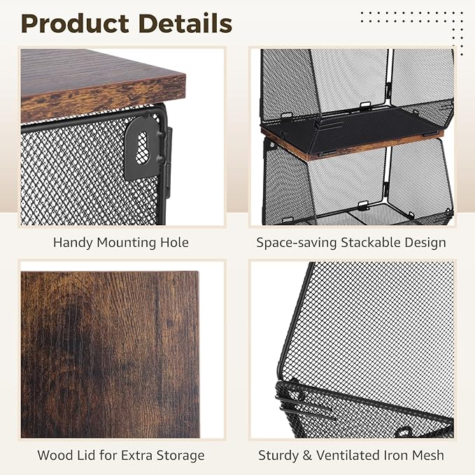 Joyibay 4 Pcs Stackable Fruit Baskets, Metal Mesh Wall Storage Baskets with Wooden Lids, Folding Wire Organizers for Kitchen Counter, Hanging Storage Containers for Snacks, Vegetables