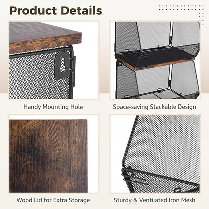 Joyibay 4 Pcs Stackable Fruit Baskets, Metal Mesh Wall Storage Baskets with Wooden Lids, Folding Wire Organizers for Kitchen Counter, Hanging Storage Containers for Snacks, Vegetables