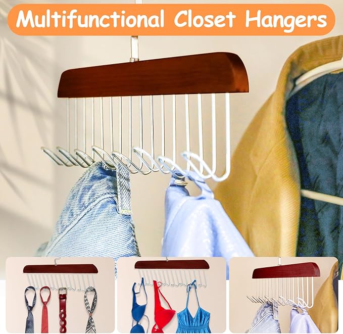 Xbaiyanr 4Pcs Anti Slip Multi Hook Coat Racks,Bra Hangers for Closet Organizer with 8 Hooks 360 °Swivel Belt Hanger for Closet for Belt, Tie, Tank Top, Bra, Scarf (Brown)