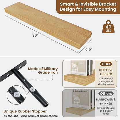 fuqing Floating Shelves for Wall, Wall Mounted Wood Floating Shelf with Invisible Brackets for Living Room, Bathroom, Bedroom, Kitchen Storage and Decor, 36 Inch Set of 2, Oak