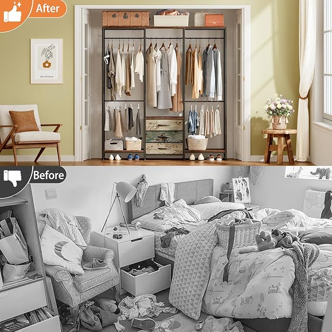 Garment Rack Heavy Duty Clothes Rack for Hanging Clothes, Freestanding Clothing Rack with 3 Fabric Drawers, Wood Stoarge Shelf, Adjustable Closet Racks, Corner L Shaped Closet System Organizers, Retro