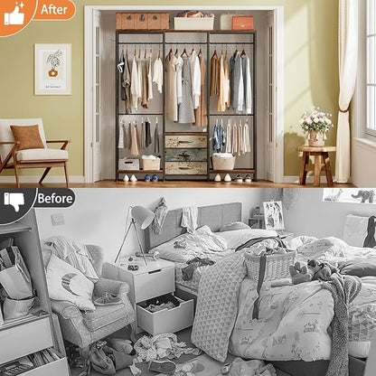 Garment Rack Heavy Duty Clothes Rack for Hanging Clothes, Freestanding Clothing Rack with 3 Fabric Drawers, Wood Stoarge Shelf, Adjustable Closet Racks, Corner L Shaped Closet System Organizers, Retro