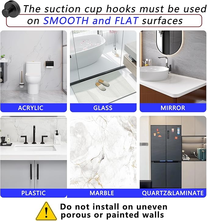 Suction Cup Hooks for Shower,Removable No Drill Towel Hooks,Upgraded 15 lbs Strong Suction hooks for Bathroom Tile,Shower Wall,Glass Door,Kitchen-Loofah,Coat,Stainless Waterproof-Matte Black 2 Pcs