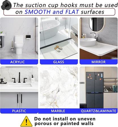Suction Cup Hooks for Shower,Removable No Drill Towel Hooks,Upgraded 15 lbs Strong Suction hooks for Bathroom Tile,Shower Wall,Glass Door,Kitchen-Loofah,Coat,Stainless Waterproof-Matte Black 2 Pcs