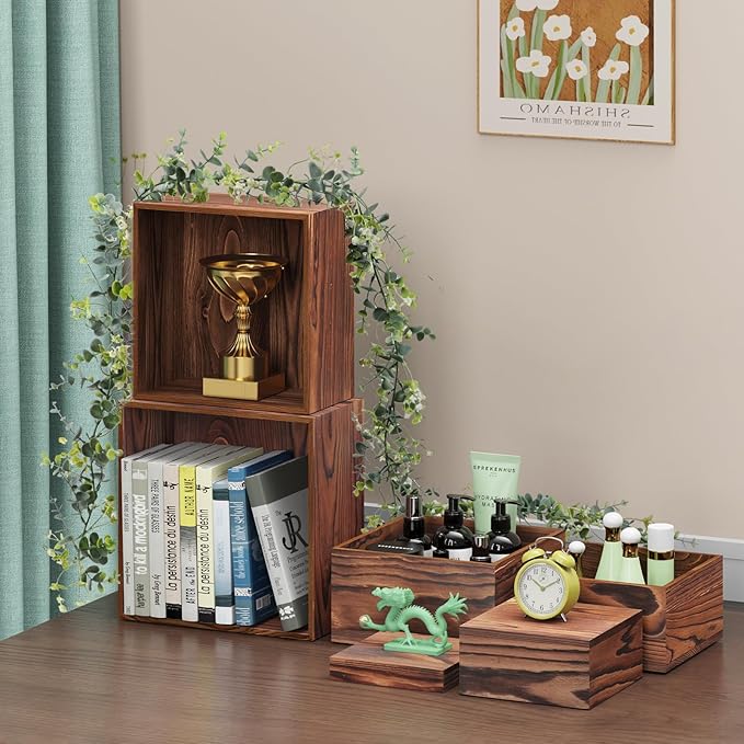 6 PCS Wooden Buffet Risers, Wood Display Risers for Food, Wooden Square Risers Display Stands, Food Risers for Buffet Table (10", 9" , 8", 7", 6", 5") with 67" Faux Greenery Vine