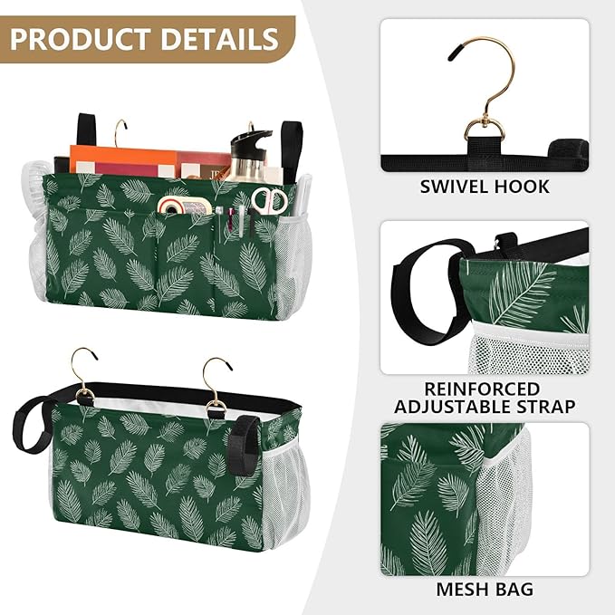 CuwrYet Bedside Caddy Hanging Bunk Bed Caddy Bed Organizer Hanging Pocket with 2 Hooks Bedside Storage Organizer Pocket Bag Holder Green Simple Palm Leaf