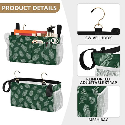 CuwrYet Bedside Caddy Hanging Bunk Bed Caddy Bed Organizer Hanging Pocket with 2 Hooks Bedside Storage Organizer Pocket Bag Holder Green Simple Palm Leaf