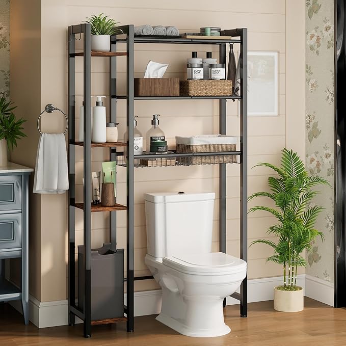 NEHAJUNXI Over The Toilet Storage with Side Rack, 7-Tier Bathroom Organizer with Adjustable Shelf & Drain Basket & 4 Hooks, Freestanding Space Saver for Balcony, Laundry (Vintage Brown)