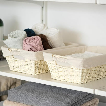 JS HANGER Wicker Storage Basket with Washable Liners, Metal Frame, Set of 2, 12.6" L x 8.7" W x 4.3" H, Woven Paper Basket for Pantry, Toilet, Bathroom, Bedroom, Patio, Light Yellow