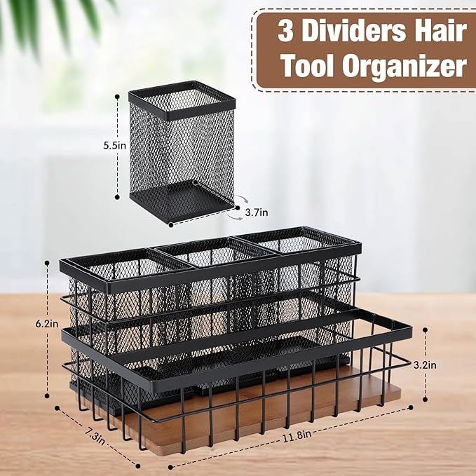AceOrbit 1 Pcs Hair Tool Organizer Countertop Breathable Metal & Bamboo Hot Tools Organizer Under Sink Bathroom Hair Dryer Holder Countertop Brush Comb Holder,makeup tray (Koa Wood,Black)