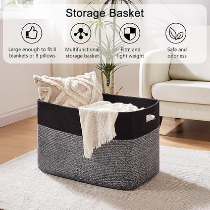 OIAHOMY 108L Extra Large Blanket Basket, 25”x16”x16” Laundry Basket, Blanket Storage for Living Room, Dog Toy Storage with Handle - Grey & Black