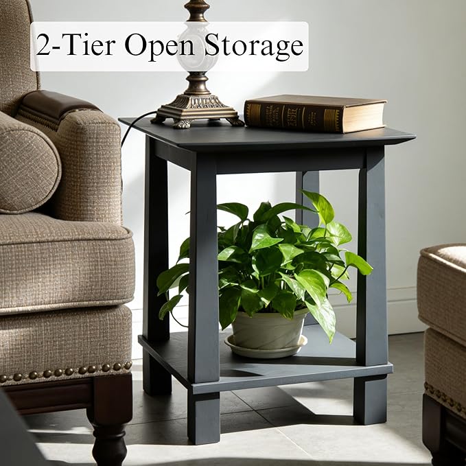chairus Square Nightstands Set of 2, Modern Accent End Table with 2-Tier Storage Shelf, Solid Wood Small Side Table for Living Room/Bedroom, Black