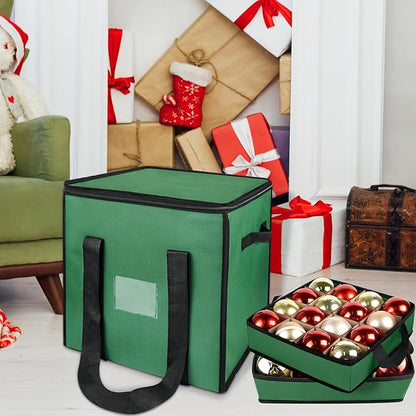 Christmas Ornament Storage Box with Dividers, Christmas Balls Storage Containers with Zipper & 4 Removable Trays - Holds Up to 64 Balls - 600D Oxford Christmas Decoration Storage Organizer (Green)