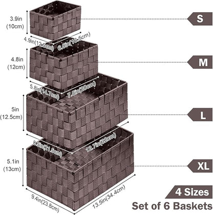 Woven Storage Baskets, Storage Bins, Cube Basket Container Baskets Storage Boxes Organizers for Clothes /Shelves/ Closet, Set of 6 (Brown)