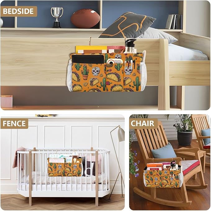 CuwrYet Bedside Caddy Hanging Bunk Bed Caddy Bed Organizer Hanging Pocket with 2 Hooks Bedside Storage Organizer Pocket Bag Holder Orange Mexico Tacos Chilis Skulls