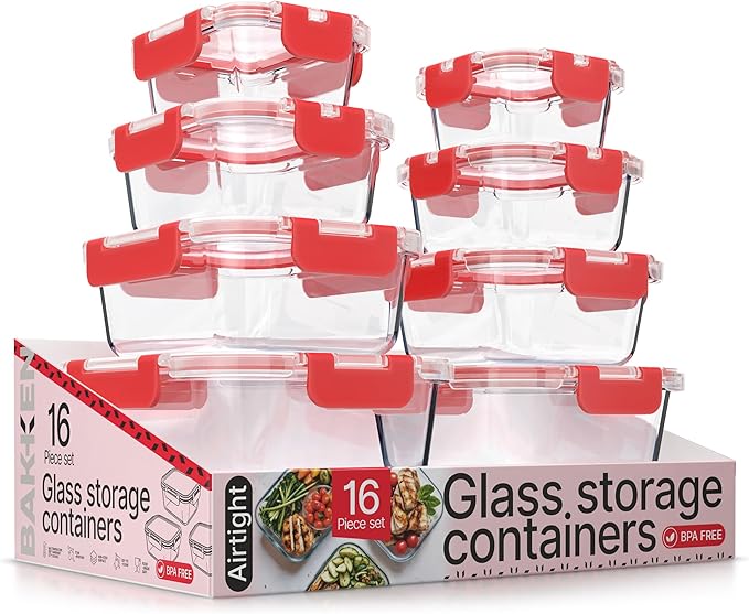 Bakken Borosilicate Glass Food Storage Containers with Lids 16 Pieces, BPA-Free Stackable Lunch & Leftover Containers, Microwave, Freezer & Dishwasher Safe, 100% Airtight Leak-Proof, Red