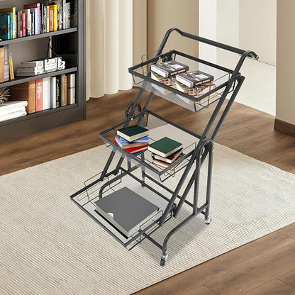3 Tier Adjustable Storage Carts, Movable Utility Cart, Metal Rolling Cart, Multi-Functional Storage Trolley w/Wheels, Storage Shelves for Kitchen/Bathroom/Bedroom/Office (Black)