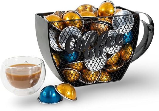 Made Easy Kit Coffee Pod Organizer Compatible with Nespresso Vertuo and Original - Countertop Sculpture Holder Basket Style for Café Bar, Corner Station Office Break Area (Mountable Mug Black)