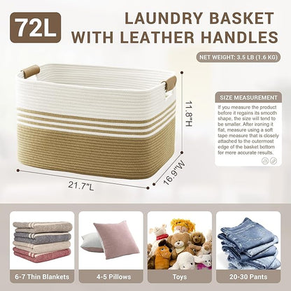 72L Large Laundry Basket with Leather Handles for Living Room Storage, Woven Rope Baskets Bin for Blanket, Kids Toy, Gifts, Wicker Hamper for Bedroom Dirty Clothes, 22"x17"x12" Khaki