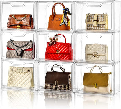 Purse Organizer for Closet,Clear Acrylic Display Case for Handbag Organizer, Purse Storage Box with Magnetic Door, Plastic Storage Bins for Book, Collectibles, Cosmetic (9 Pack)