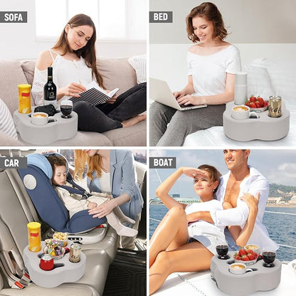 Couch Cup Holder Pillow, Sofa Organizer Caddy Bed Refreshment Tray for Drinks, Remotes, Phones, Snacks (PUGrey)