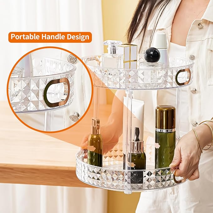 Xonusin 360° Rotating Makeup Organizer, 2 Tier Large Perfume Organizers with Portable Handle for Vanity Bathroom Countertop, Bathroom Counter Organizer for Cosmetics Skincare Perfume
