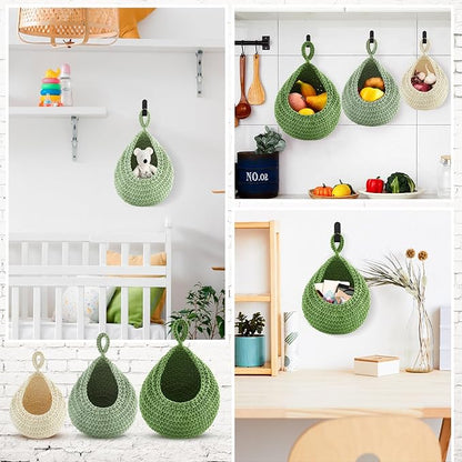 Honeydak Boho Decor Hanging Wall Baskets for Kitchen 3 Pack Teardrop Baskets with Hooks Storage Fruit Onion Vegetable Potato for Home 3 Sizes(Sage Green,Cotton Rope)