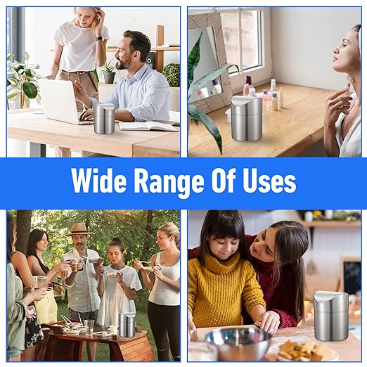 MAQUITA 2 Pcs Desk Trash Can with Swing Lids, 2L Brushed Stainless Steel Countertop Garbage Bin Small Wastebasket with Lid for Office Desk, Coffee Table