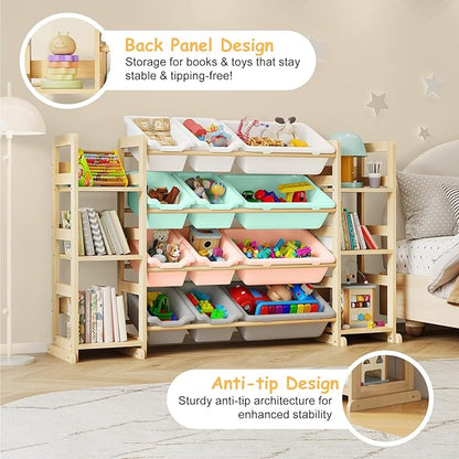 Extra Large Toy Storage - Toy Storage Organizer, Wooden Toy Organizer with 6 Side Shelves and 12 Bins, 3-in-1 Bookshelf for Kids Rooms, Playroom, Nursery, Multi Color
