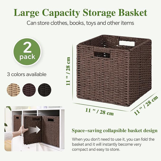 Woven Wicker Storage Baskets 2-Pack, 11x11 Handwoven Paper Rope Organizer Bins, Foldable Cube Storage Cubes with Built-in Handles for Shelves and Closet Organization(Dark Brown）