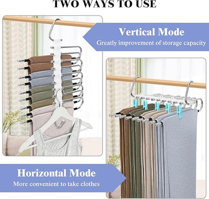 SAN LIKE 2 Pack 9 Layers Pants Hangers Space-Saving Stainless Steel Closet Hangers 20pcs Fixed Clips Non-Slip Multi-Functional Pants Rack Two Hanging Modes for Trousers Jeans Leggings Scarf Skirts