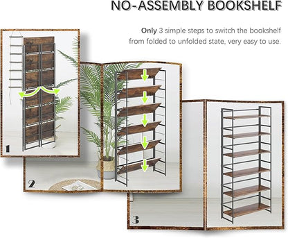 4NM No Assembly 6 Tiers Collapsible Book Shelves, 61.8" H Folding Bookshelf Bookcase Open Industrial Foldable Shelves for Bedroom, Living Room, Home Office - Rustic Brown Black