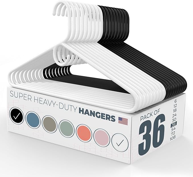 Neaties Super Heavy Duty Clothes Hangers 36 Pack – Made in The USA - 10lb Capacity, Thick Plastic Hangers for Pants, Coats, Jackets, Jeans and Adult Clothing – White & Black