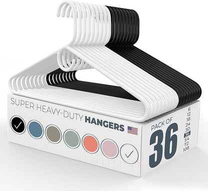 Neaties Super Heavy Duty Clothes Hangers 36 Pack – Made in The USA - 10lb Capacity, Thick Plastic Hangers for Pants, Coats, Jackets, Jeans and Adult Clothing – White & Black