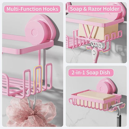 KEGII Suction Cup Shower Caddy – 3 Pack Suction Cup Shelf with Soap Holder & Hooks, Rustproof Stainless Steel Shower Organizer Rack, Removable No Drilling Bathroom Storage Rack, Pink