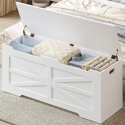 47.2" Storage Chest, Extra Large Storage Trunk with 2 Hinges, Wooden Box Bench, Lift-Top Organizer Chest, Shoe Bench for Entryway, Bedroom, Living Room, White SB13403X