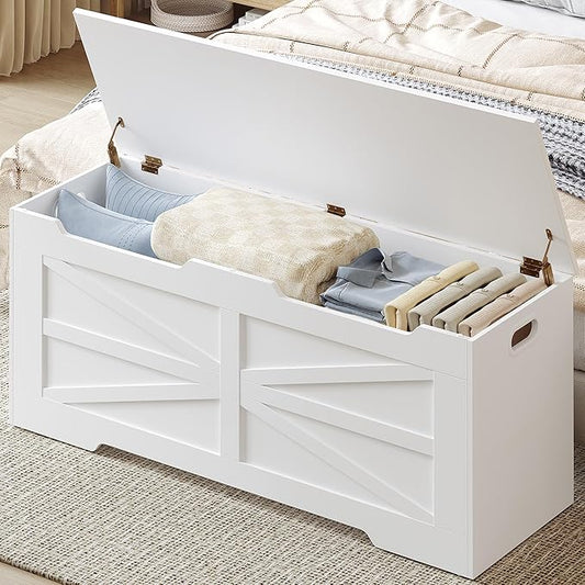 47.2" Storage Chest, Extra Large Storage Trunk with 2 Hinges, Wooden Box Bench, Lift-Top Organizer Chest, Shoe Bench for Entryway, Bedroom, Living Room, White SB13403X
