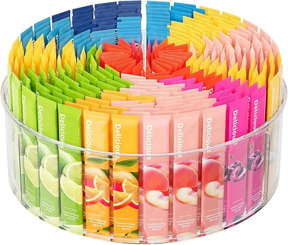 Rotating Drink Mix Organizer, Clear Lazy Susan Turntable for Powder Packet, Water Packet, Water Flavor Packet, Divided Drink Packet Organizer