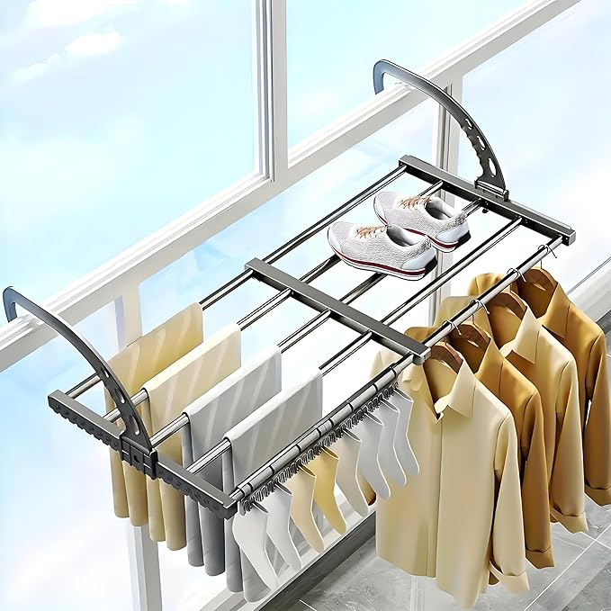 Portable Clothes Drying Rack for Balcony Railings Windowsill, Folding Towel Rack Indoor Outdoor Retractable Laundry Rack with Sock Clips for Drying Socks (Small)