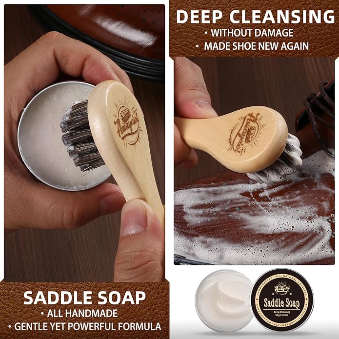 10 PCS Leather Care Kit - Horsehair Brushes,Saddle Soap,Waterproofing Wax,Mink Oil Conditioner,Polishing Cloth,Microfiber cloth,Boot Shoe Shine Cleaning Kit Gift for Men Cowboy Husband Dad ﻿