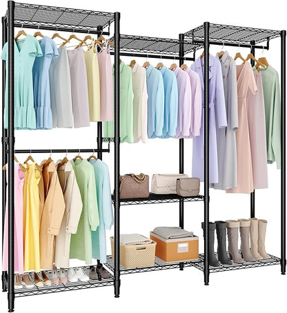Portable Clothes Rack Heavy Duty Garment Rack, Large Freestanding Closet Wardrobe with Adjustable Shelves & 4 Hanging Rods, Closet Organizer and Storage for Bedroom Cloakroom, 76.5"H x 67.6"L x 15.5"W