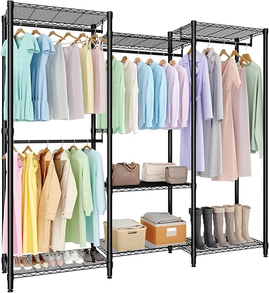 Portable Clothes Rack Heavy Duty Garment Rack, Large Freestanding Closet Wardrobe with Adjustable Shelves & 4 Hanging Rods, Closet Organizer and Storage for Bedroom Cloakroom, 76.5"H x 67.6"L x 15.5"W