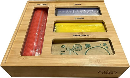 HELIA Bamboo Zip Storage Bag Organizer for Kitchen Drawer and Wall Mount | Solid Bamboo Food Storage Bag Holder | Plastic Bag Organizer for Sandwich and Snack Storage